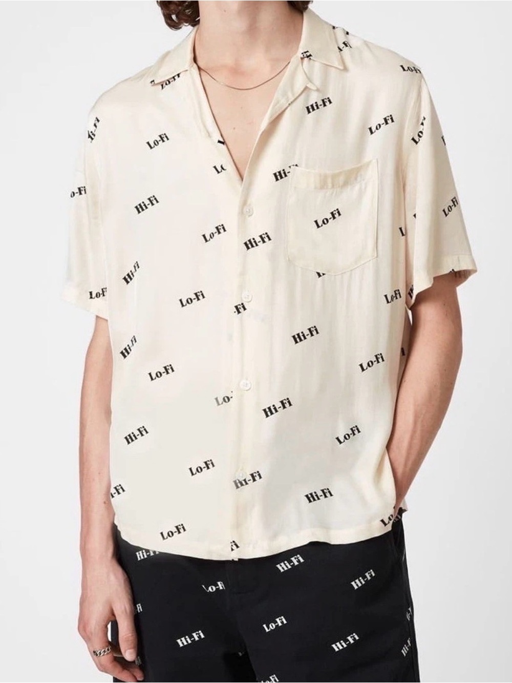 Allsaints Lo-Fi men’s ivory relaxed fit silky soft Hawaiian button down shirt